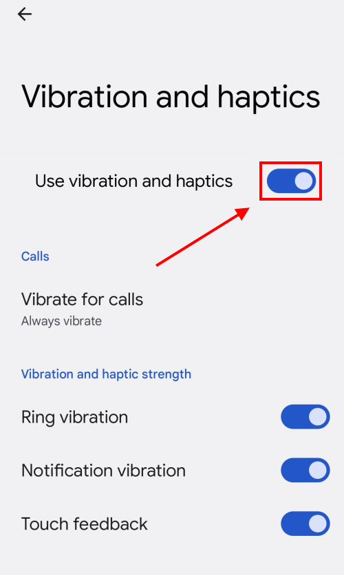 Tap the toggle switch for Use vibration and haptics to turn it off